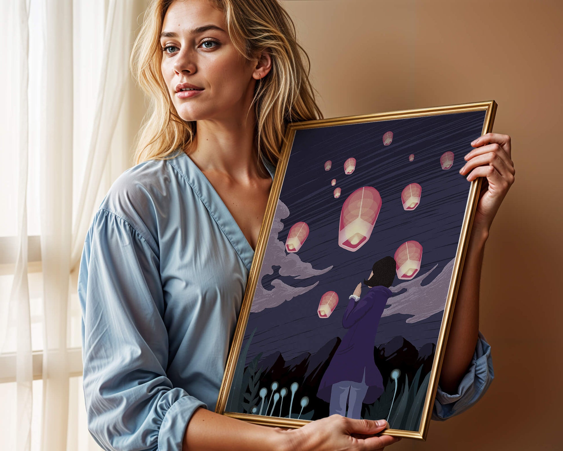 Girl Watching Pink Lanterns Soaring into the Night Sky