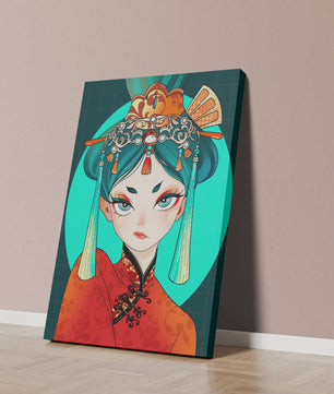 Elegant illustration of a woman in traditional attire with intricate headpiece