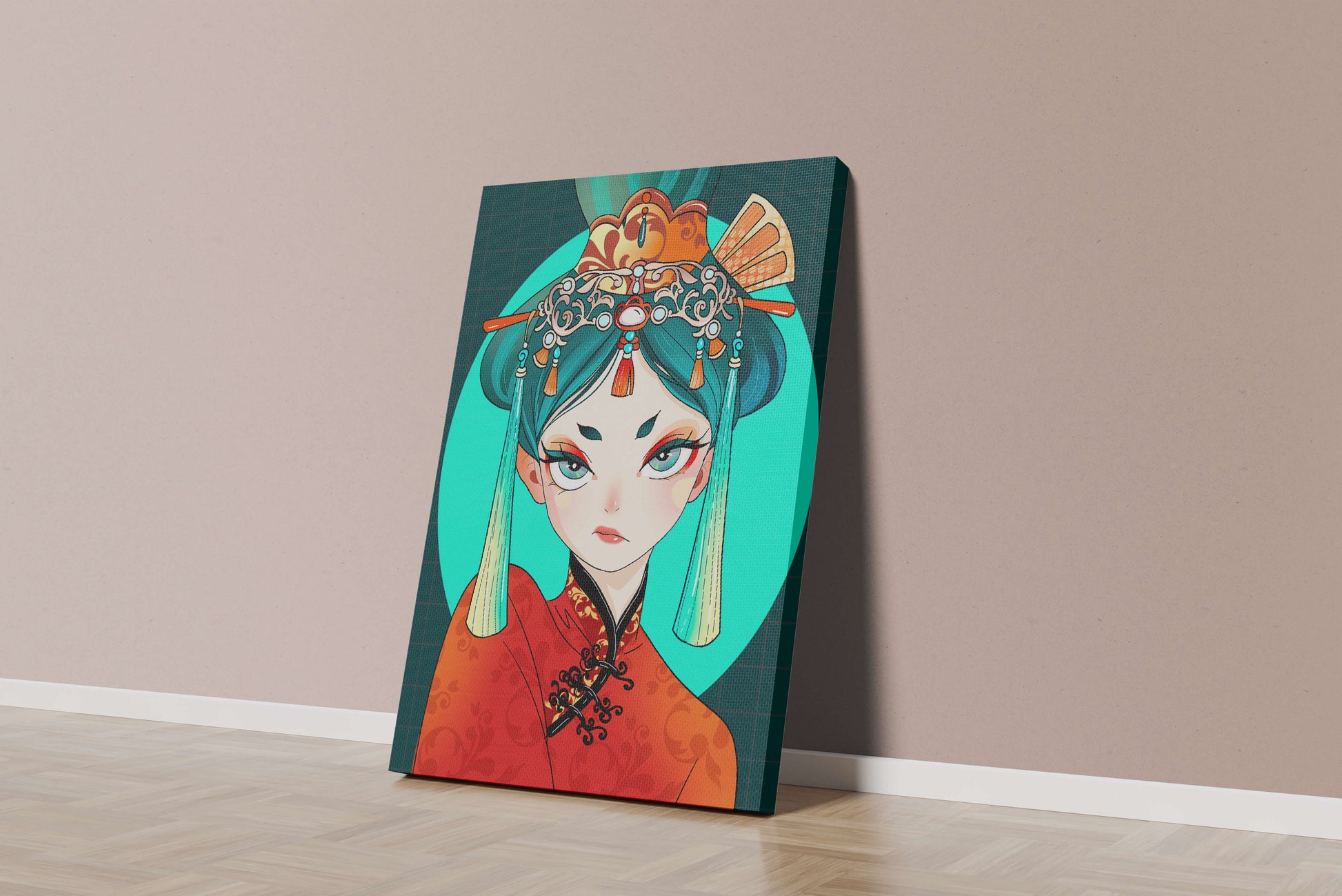 Elegant illustration of a woman in traditional attire with intricate headpiece