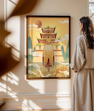 Ancient temple with serene landscape and vibrant colors artwork