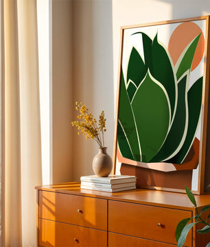 Ilustración contemporánea de una planta serpiente con fondo de amanecer