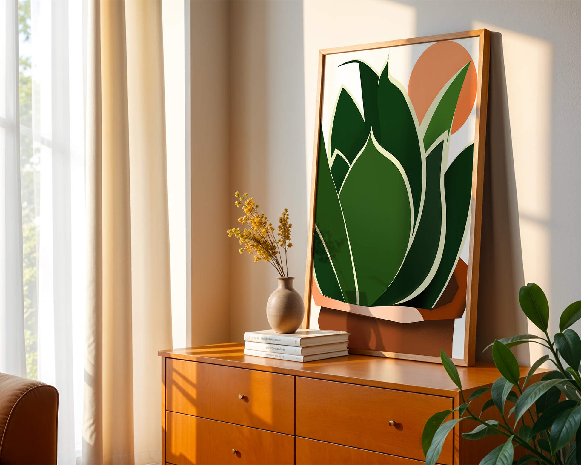 Ilustración contemporánea de una planta serpiente con fondo de amanecer