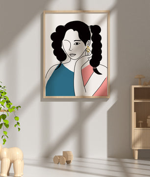 Minimalist Illustration of a Woman with Braided Hair and Gold Earring - Mi tienda