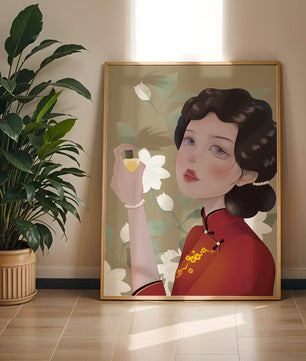 Captivating portrait of a woman in traditional attire with floral backdrop