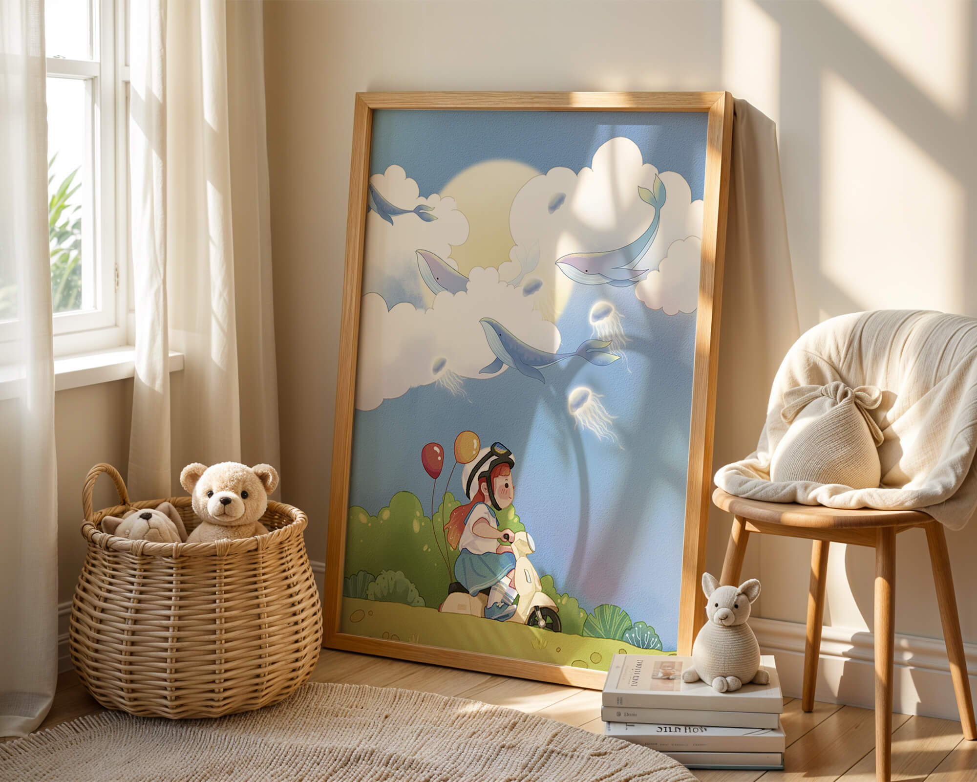 Whimsical illustration of a child riding a scooter with floating whales and balloons