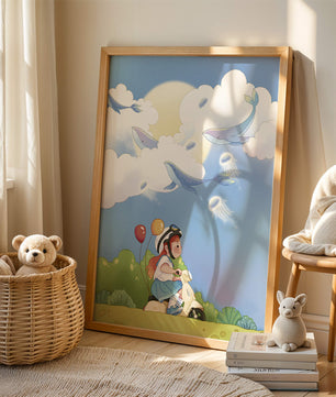 Whimsical illustration of a child riding a scooter with floating whales and balloons