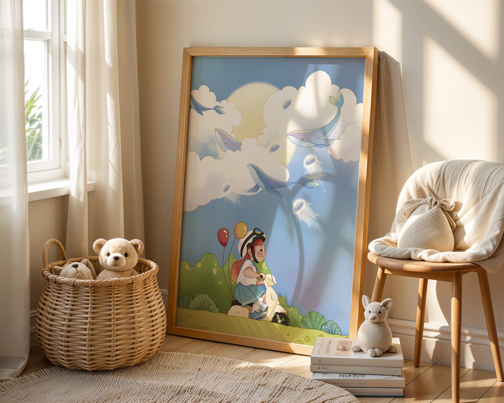 Whimsical illustration of a child riding a scooter with floating whales and balloons