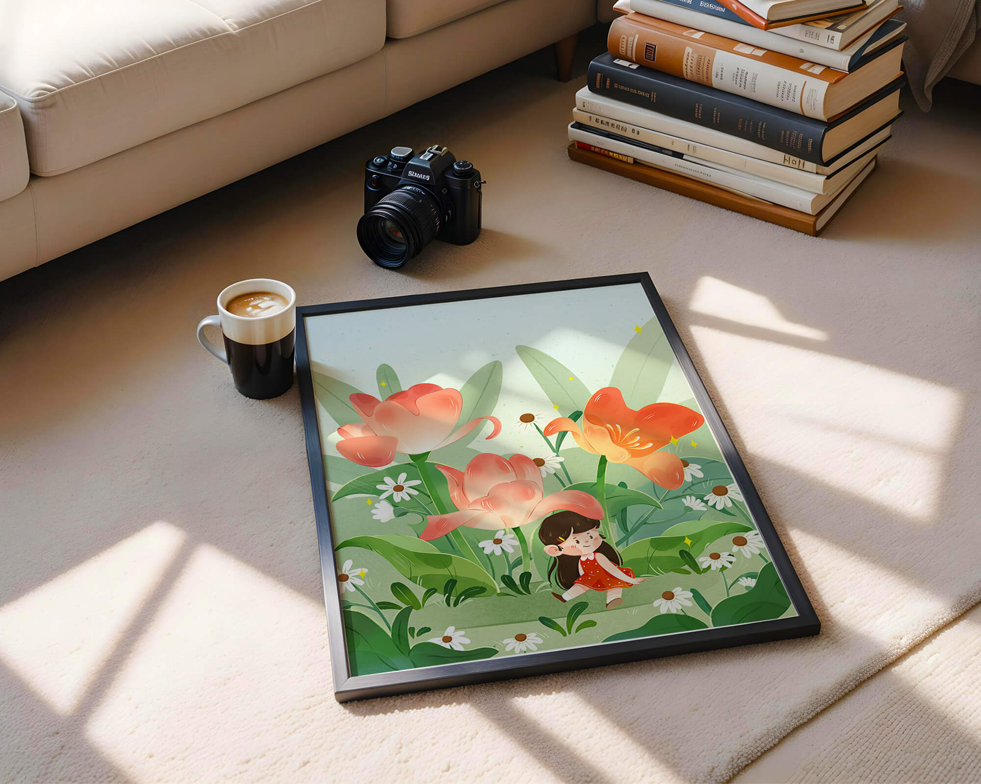 Charming floral garden with whimsical child illustration