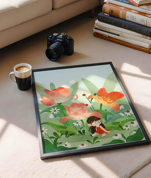 Encantador jardín floral con ilustración de niño caprichoso