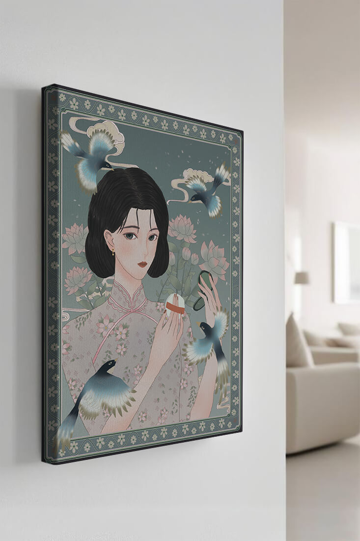 Elegant woman in floral kimono surrounded by birds and lotus flowers