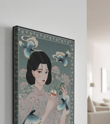 Elegant woman in floral kimono surrounded by birds and lotus flowers