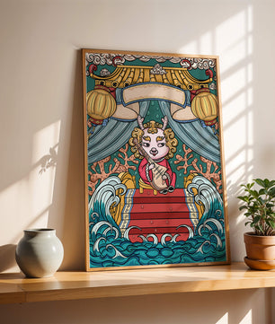 Illustration of a whimsical animal playing a stringed instrument in a fantastical setting