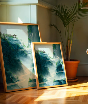 Paisaje montañoso sereno con pagoda y río serpenteante