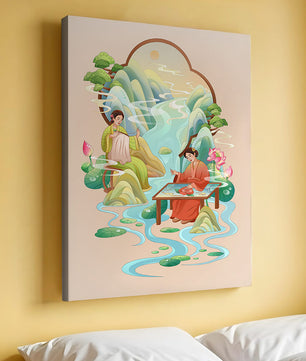 Scène d'eau sereine et de nature avec des personnes en tenue traditionnelle