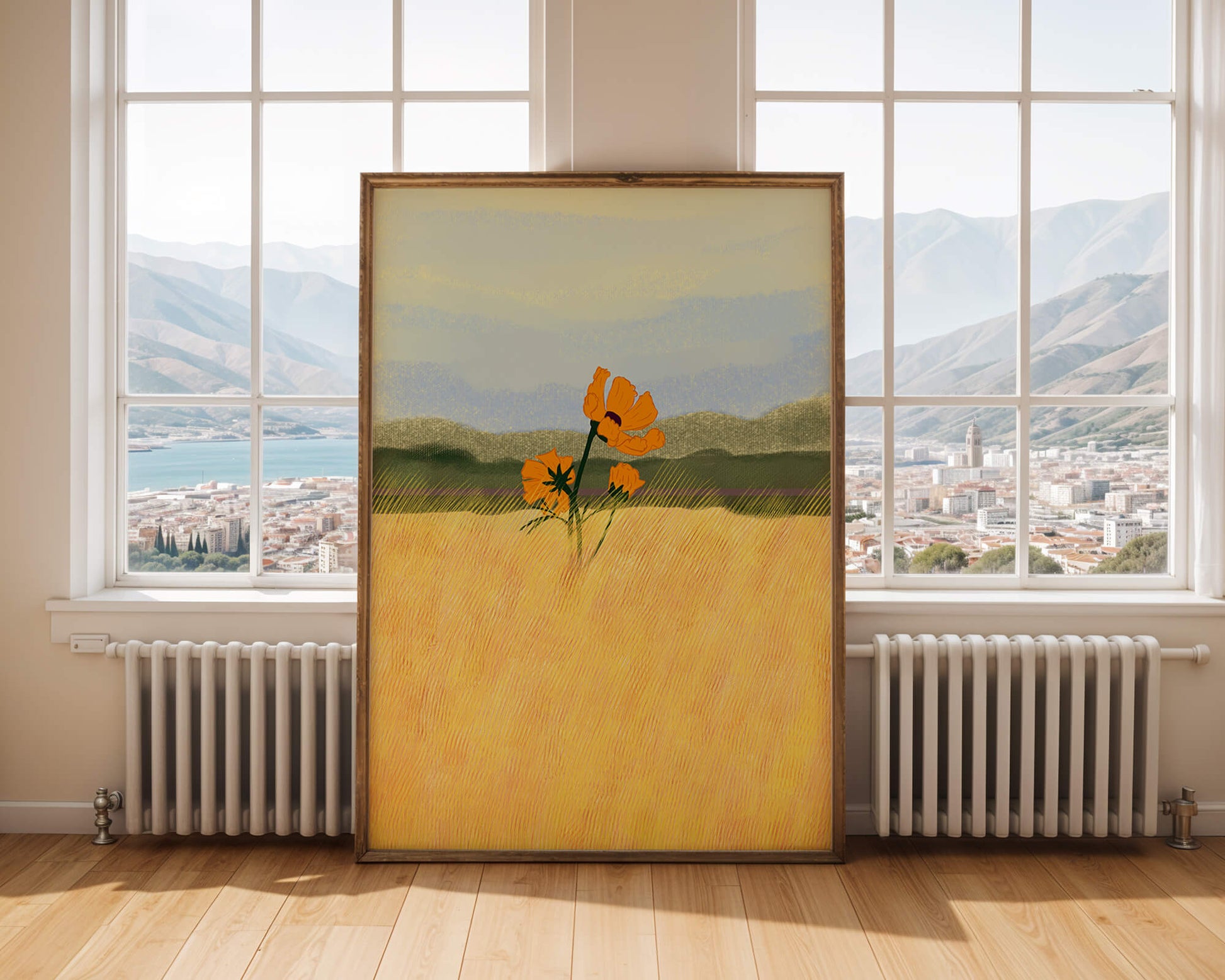 Orange Flowers in a Golden Field with Mountains and Blue Sky