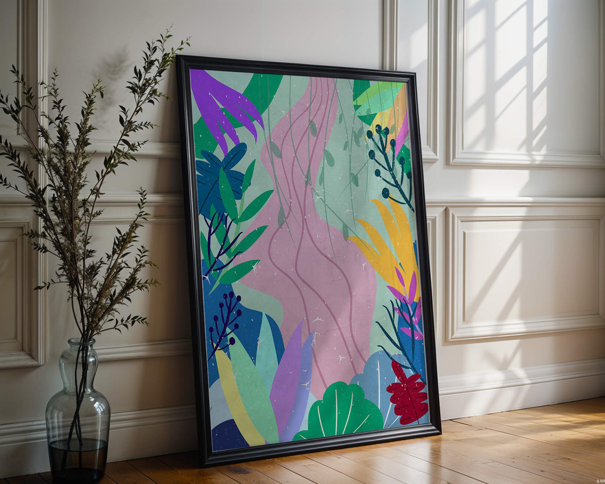 Abstract Botanic Composition with Vibrant Leaves and Shapes