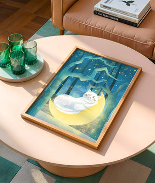 Cat sleeping on the moon in an enchanted forest under the starry sky