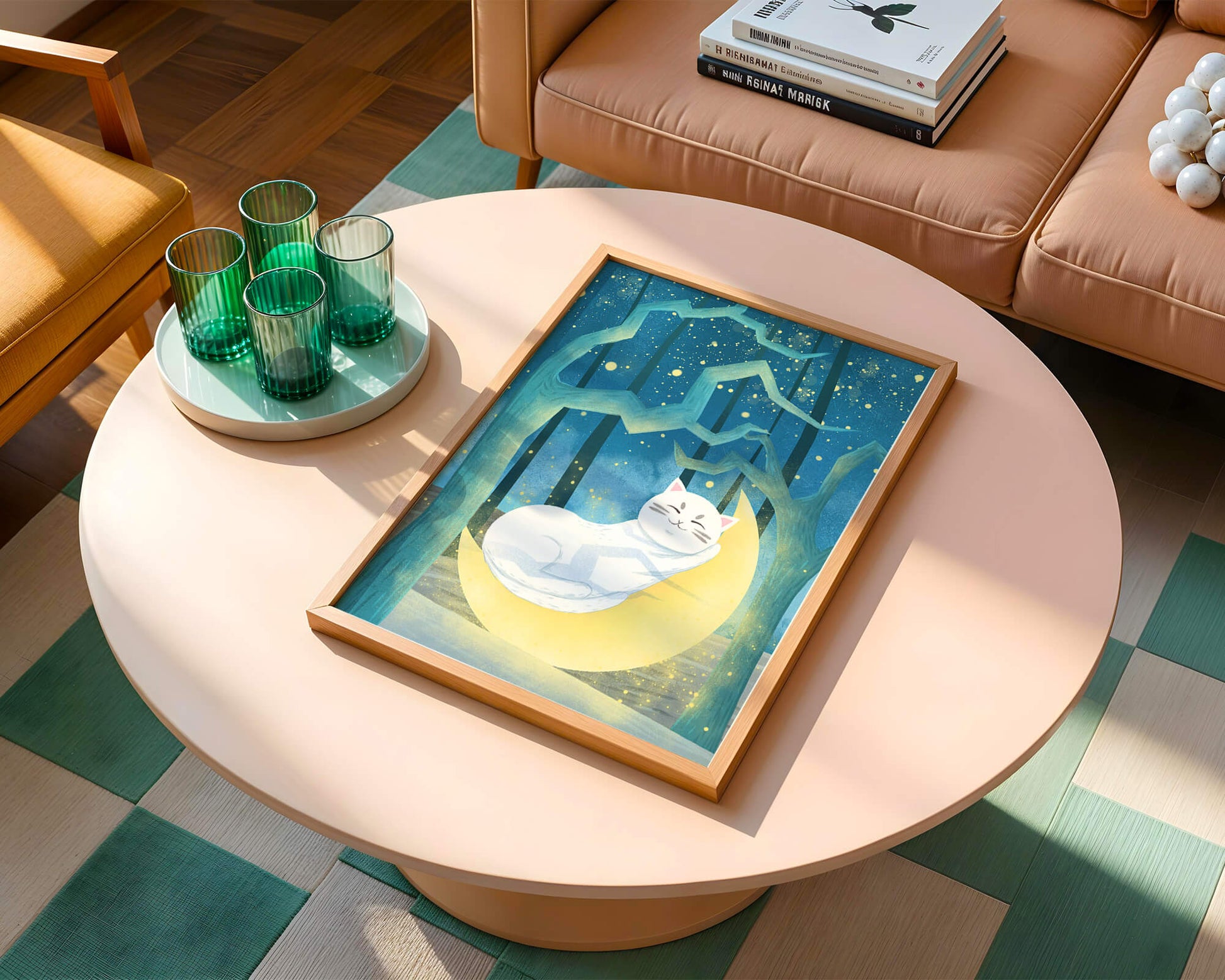 Cat sleeping on the moon in an enchanted forest under the starry sky