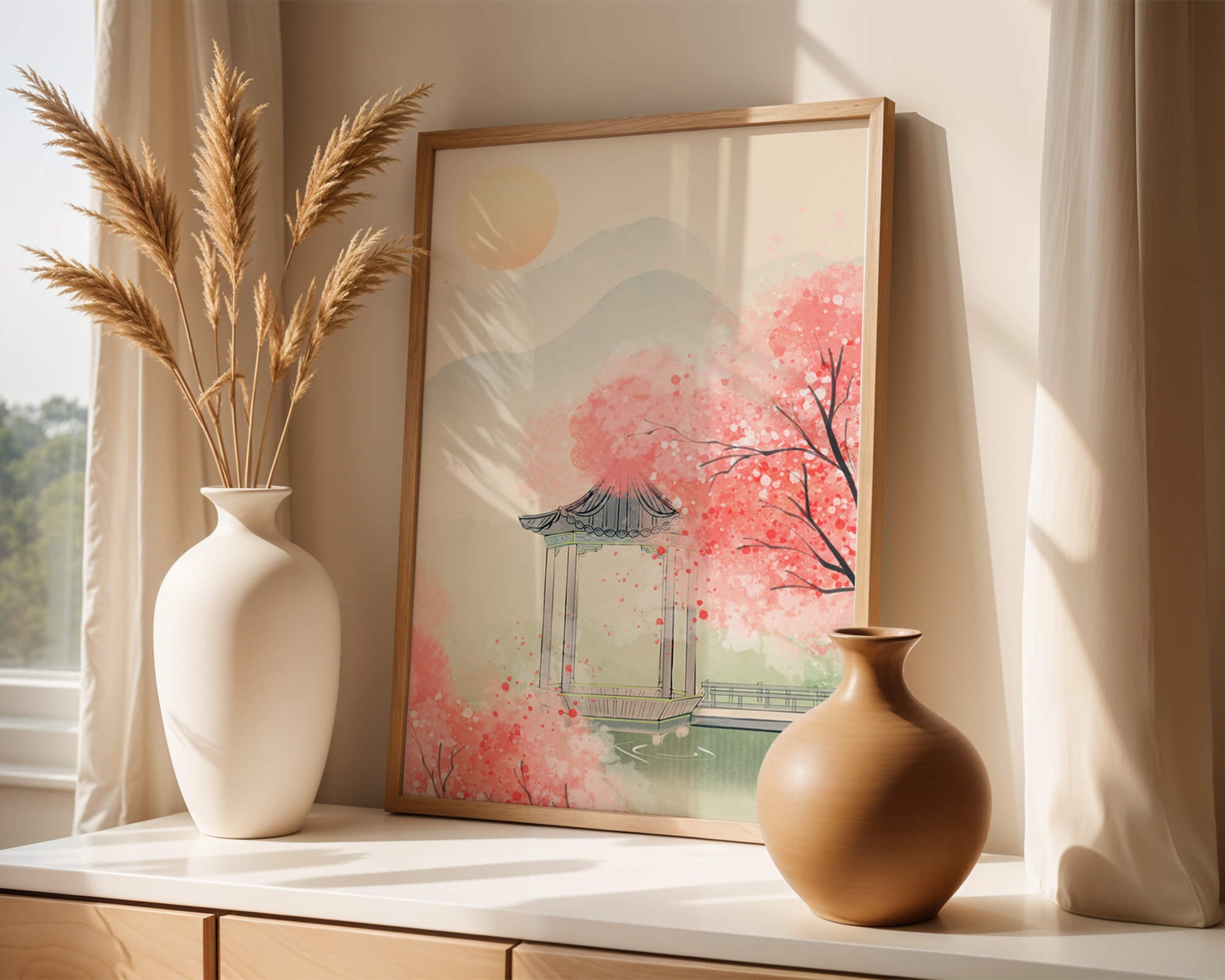Serene landscape with cherry blossoms and traditional gazebo