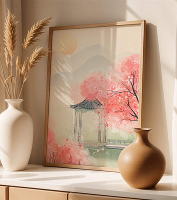 Serene landscape with cherry blossoms and traditional gazebo