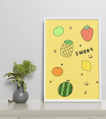 Playful fruit pattern on yellow grid background