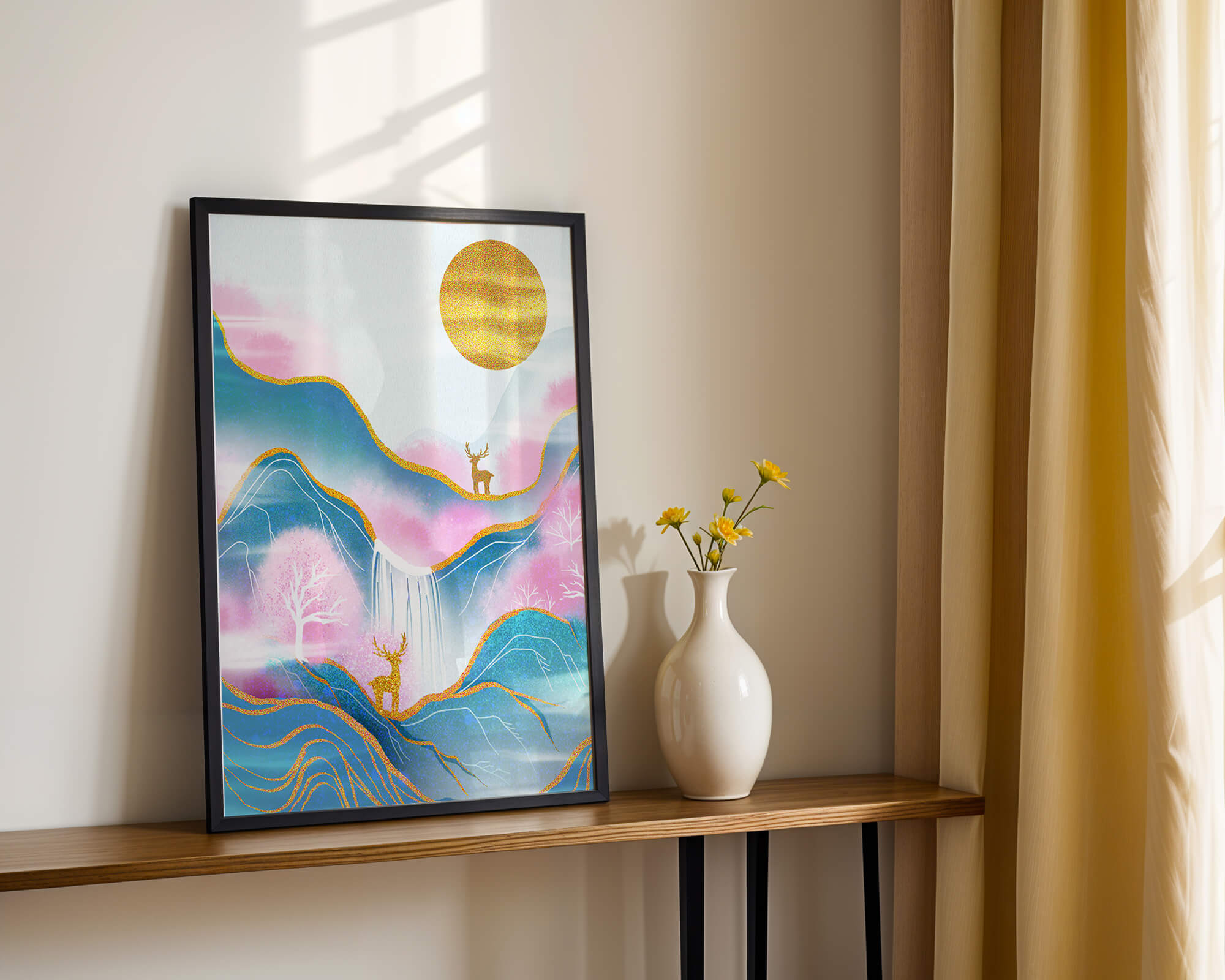 Golden deer in a pastel mountain landscape with pink skies