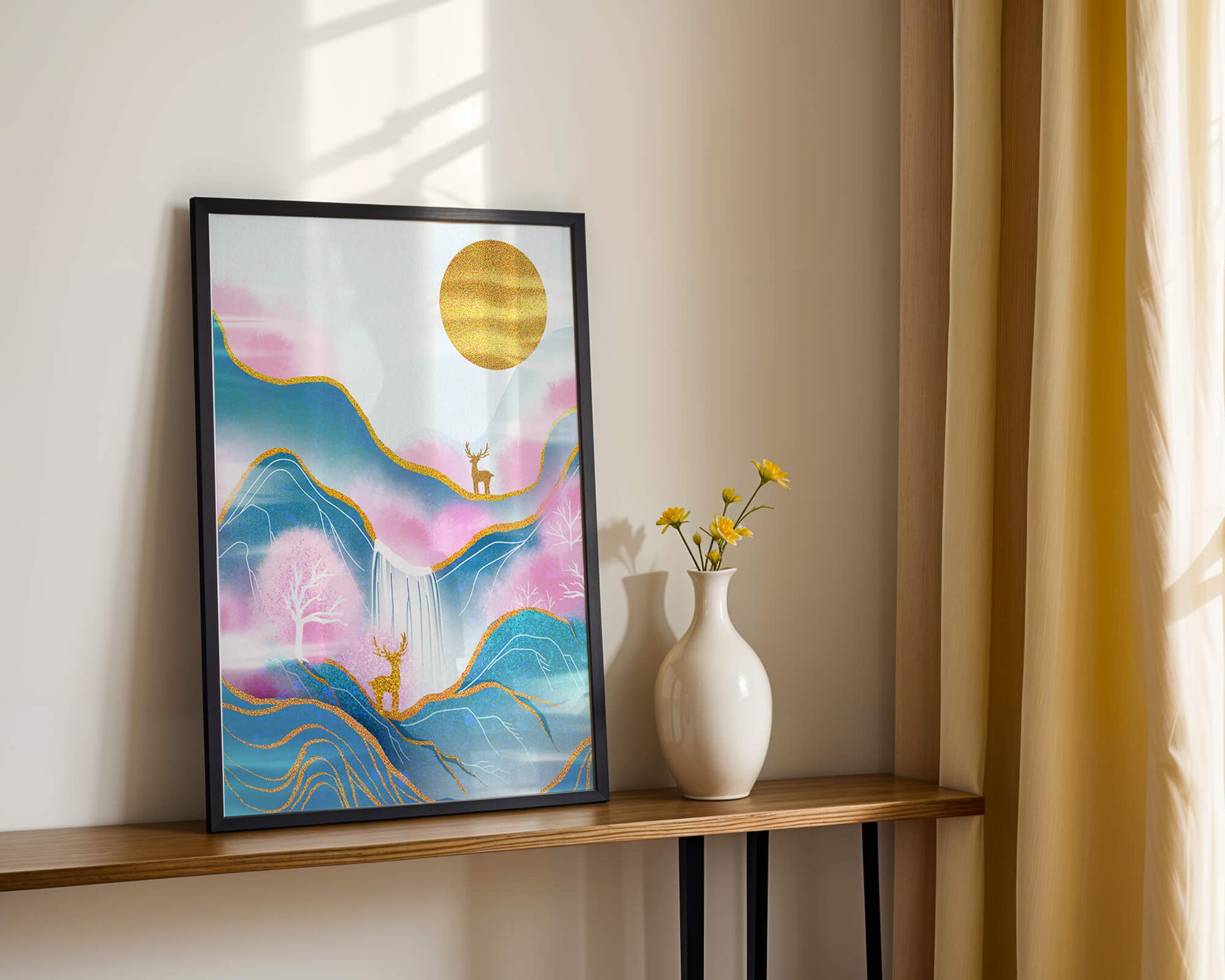 Golden deer in a pastel mountain landscape with pink skies