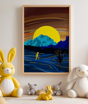 Paisaje surrealista con una puesta de sol vibrante y silueta