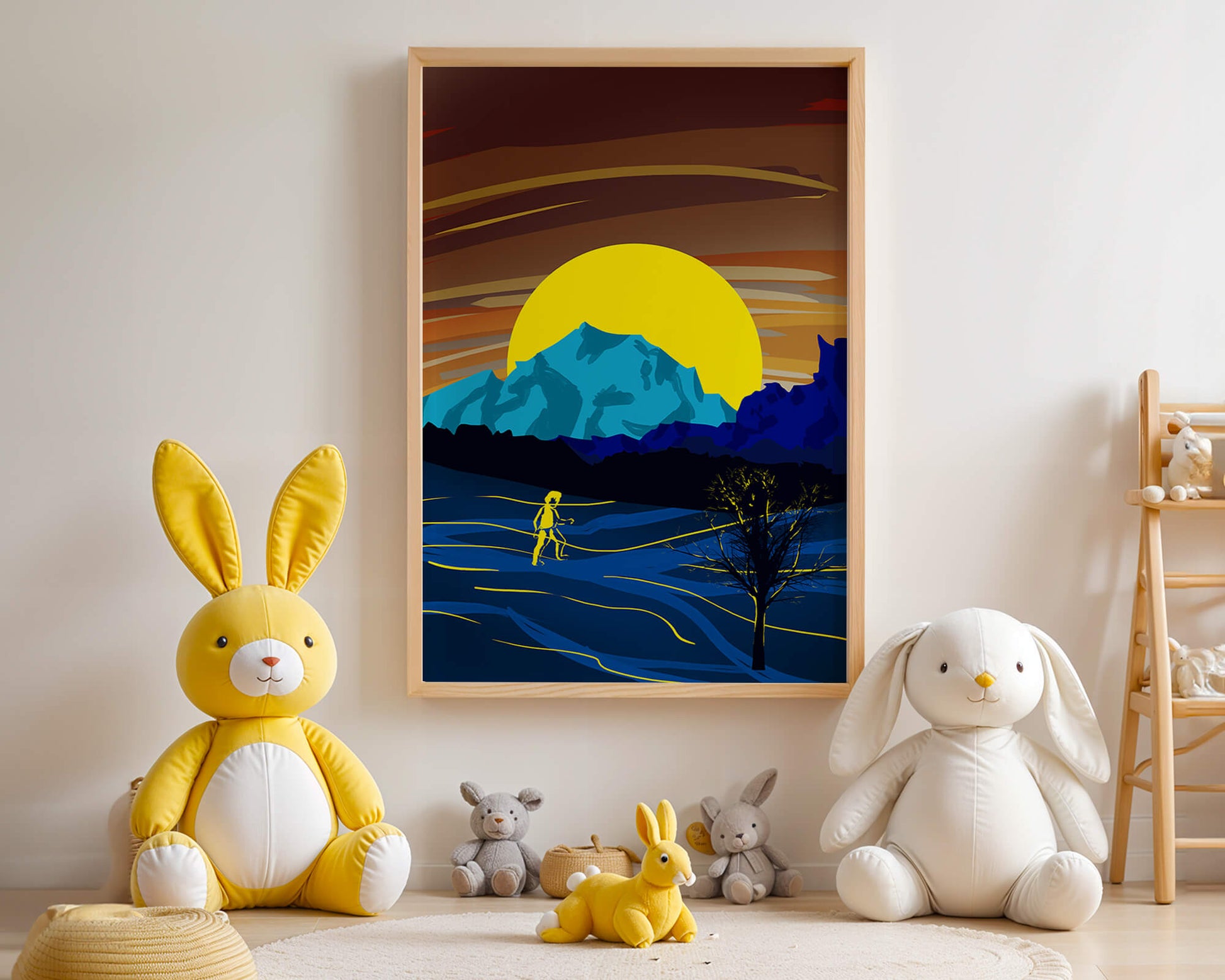 Surreal landscape with a vibrant sunset and silhouette