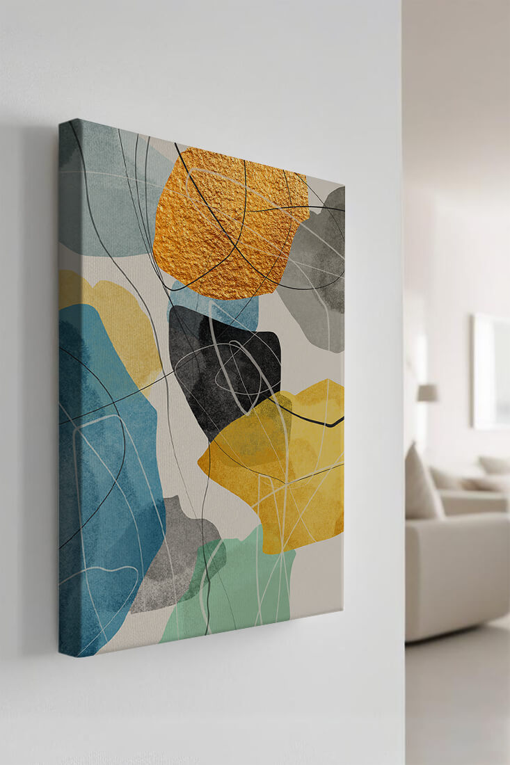 Arte geométrico abstracto con acentos dorados y colores vibrantes