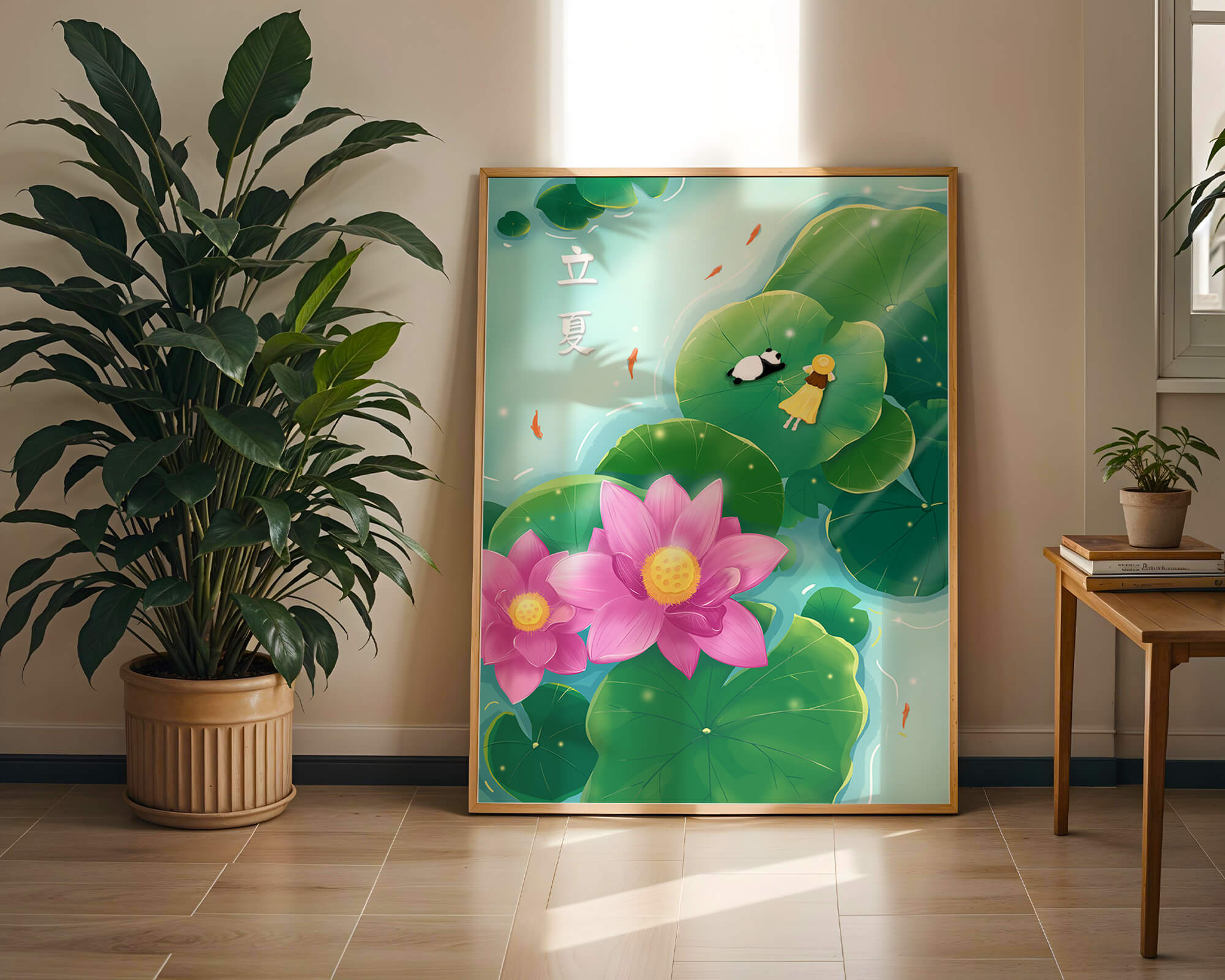 Girl and Panda Relaxing on Lily Pads with Pink Lotus and Goldfish