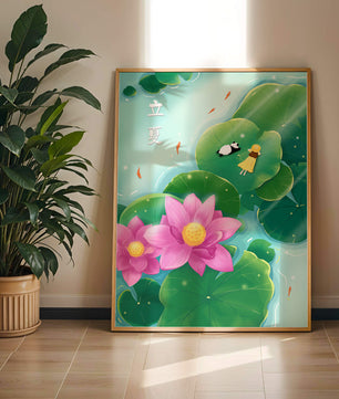 Girl and Panda Relaxing on Lily Pads with Pink Lotus and Goldfish