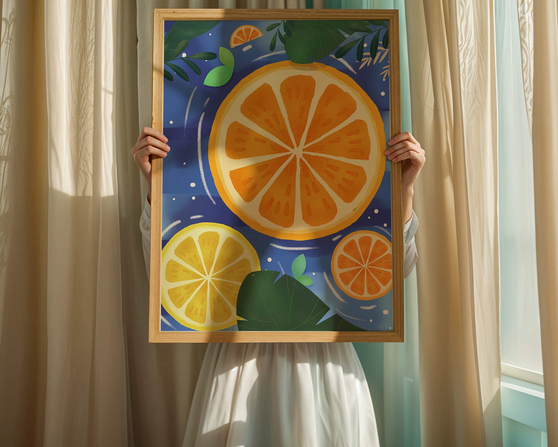 Rodajas de cítricos coloridas sobre fondo azul con hojas tropicales