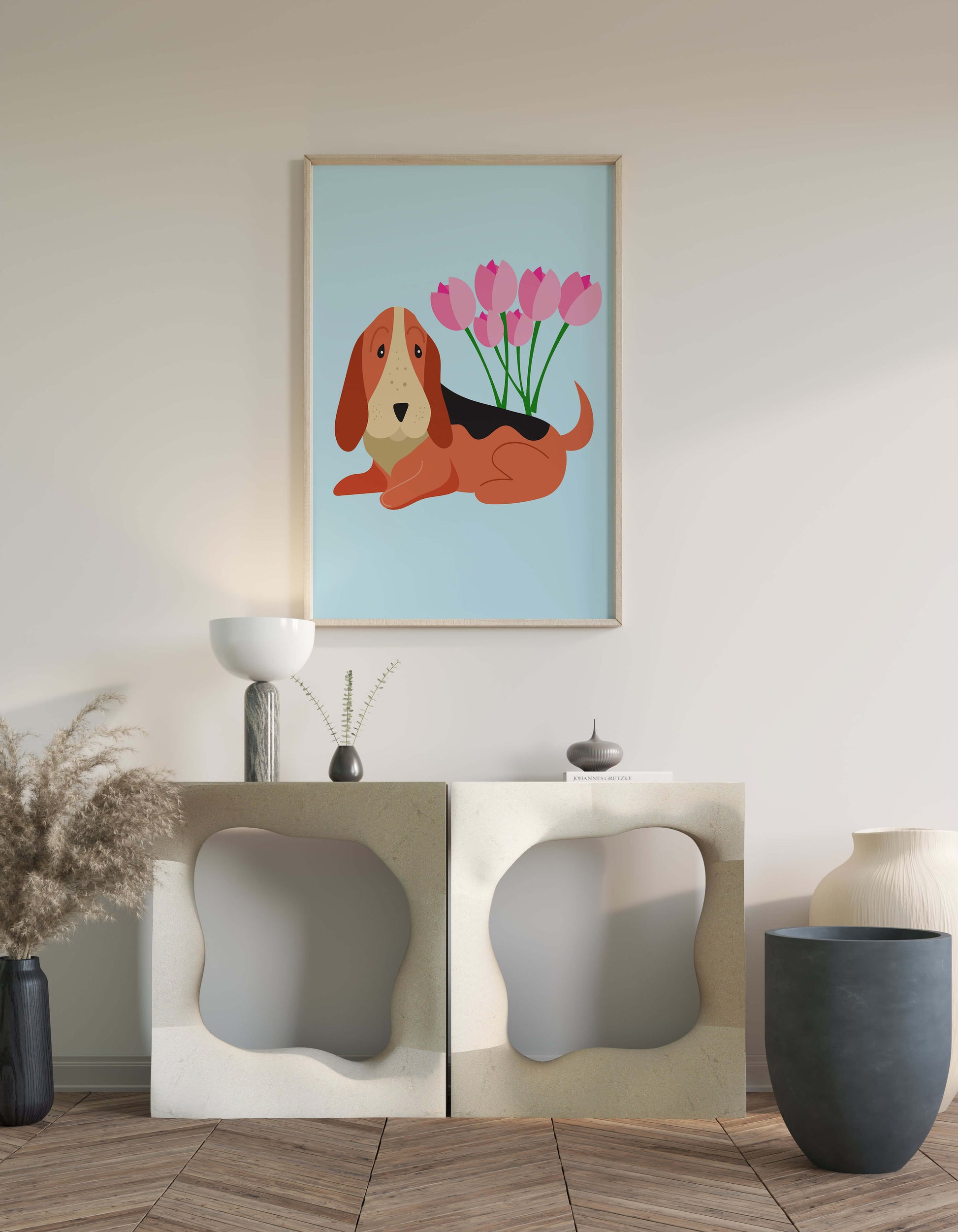 Illustration eines Basset Hound mit rosa Blumen auf hellblauem Hintergrund