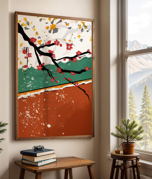 Artistic depiction of blossom branches with gold elements and abstract background