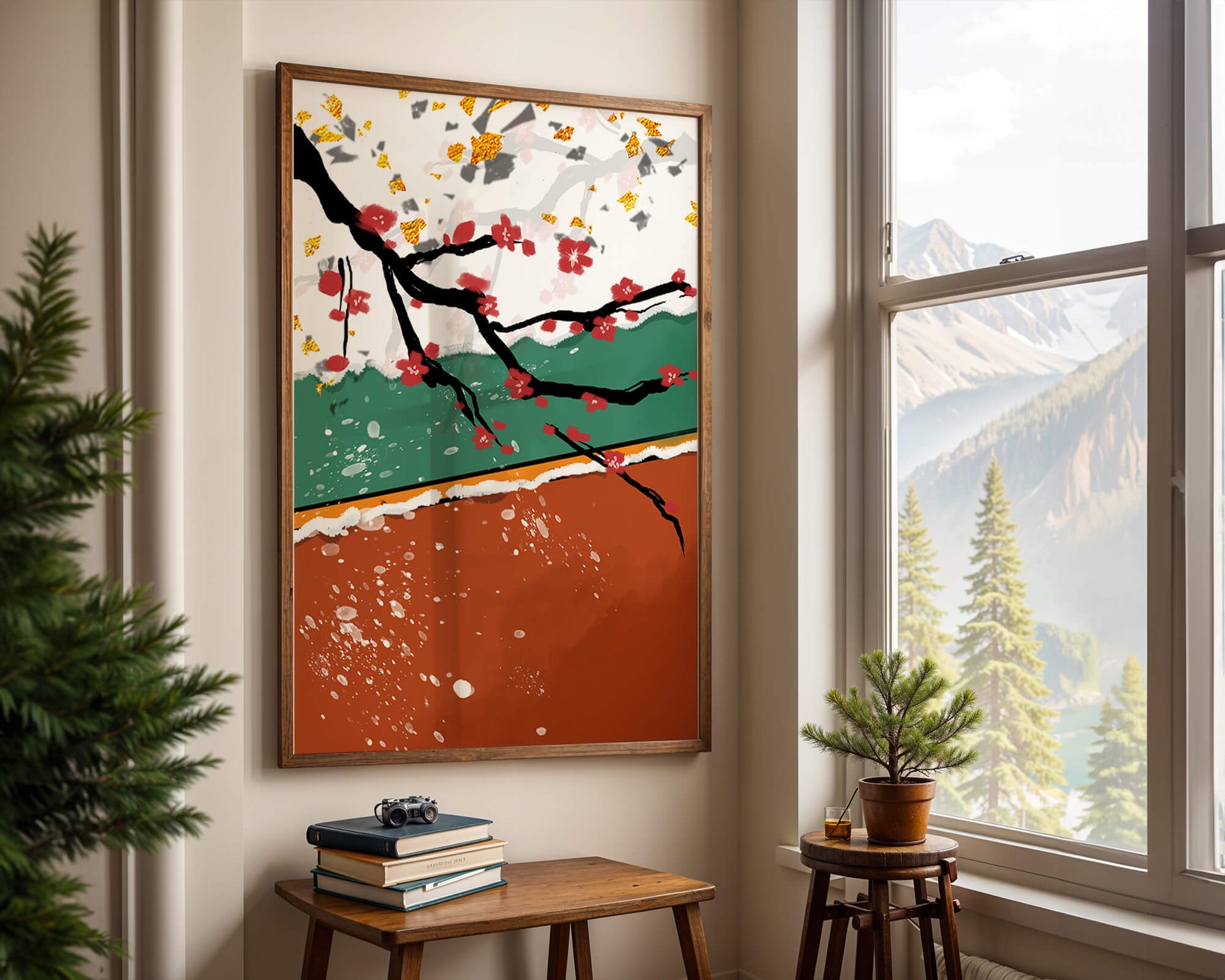 Artistic depiction of blossom branches with gold elements and abstract background