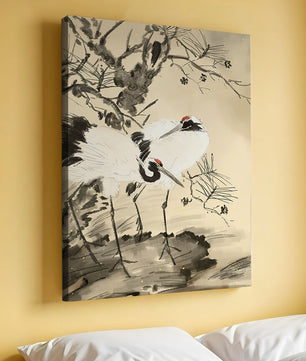 Traditional Japanese Painting of Cranes with Pine Tree and Gold Details