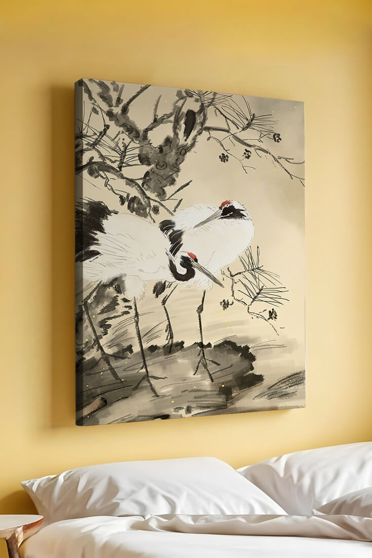 Pintura tradicional japonesa de grullas con pino y detalles dorados