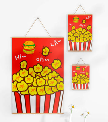 Playful illustration of popcorn and burger characters on a red background