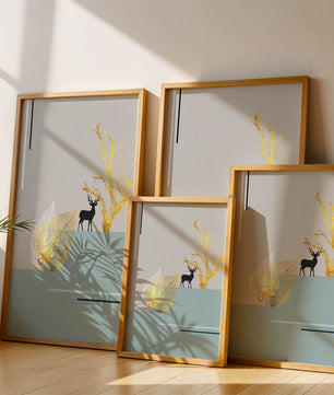 Abstract Deer with Golden Elements and Leaves on Minimalist Background