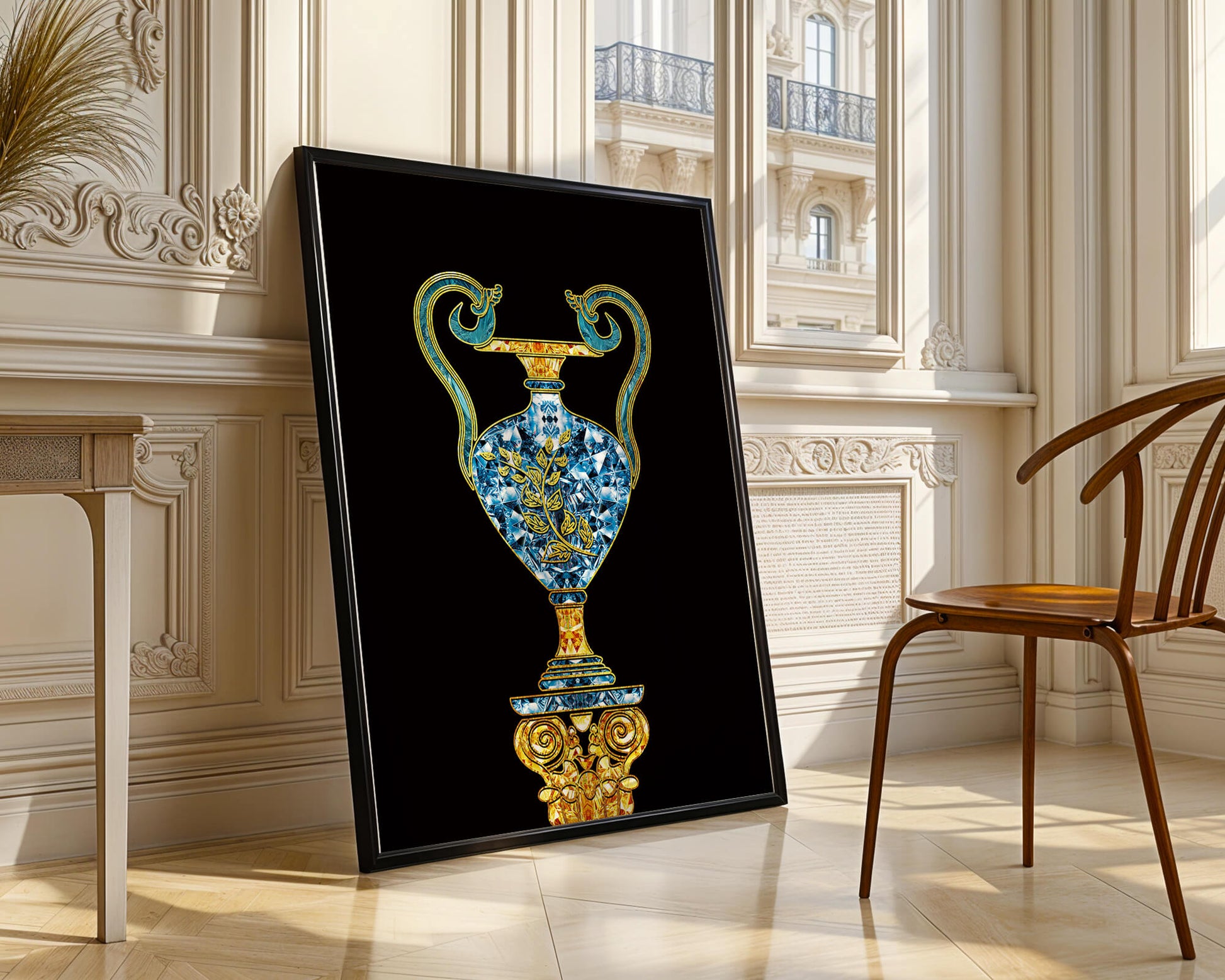Elegante jarrón con incrustaciones de joyas y detalles dorados y azules sobre fondo negro