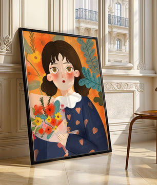 Ilustración encantadora de una chica con flores y corazones