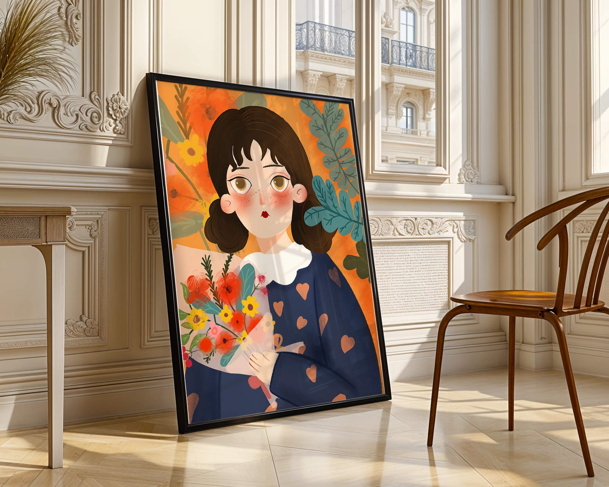 Ilustración encantadora de una chica con flores y corazones