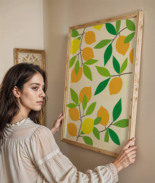 Vibrant lemon pattern with colorful leaves and citrus fruits