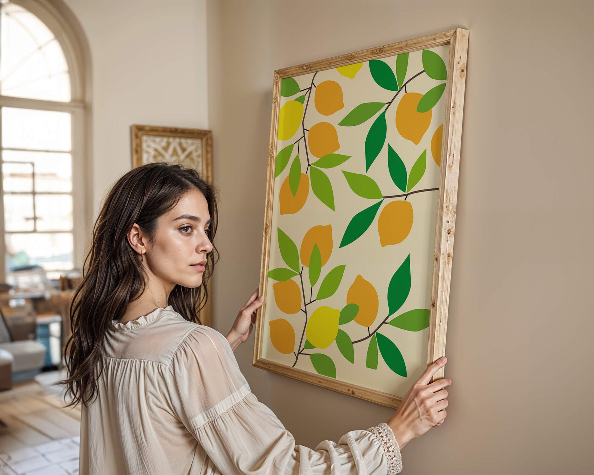 Vibrant lemon pattern with colorful leaves and citrus fruits