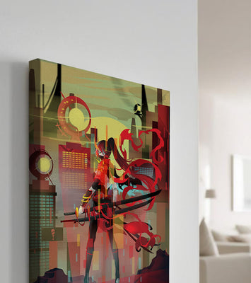 Futuristic warrior in a cyberpunk cityscape with swords and red accents