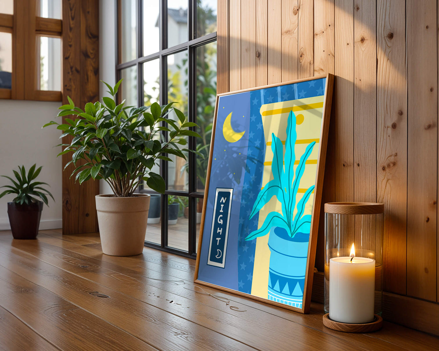 Nighttime plant illustration with crescent moon and starry background