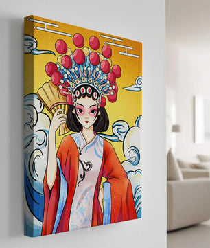 Eine elegante Darstellung asiatischer Kunst mit traditioneller Kleidung und kunstvollem Kopfschmuck
