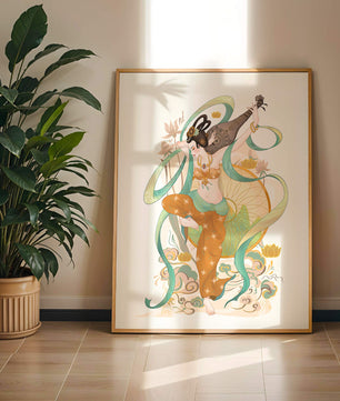 Elegant depiction of an Asian-inspired musician with floral and ribbon motifs