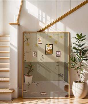 Habitación acogedora con decoraciones de estrellas y obra de arte de gatos